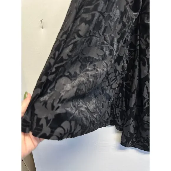 Roaman's Black Burnout Velvet Tunic Top 28W Gold Embroidered Boho Goth - Picture 2 of 9